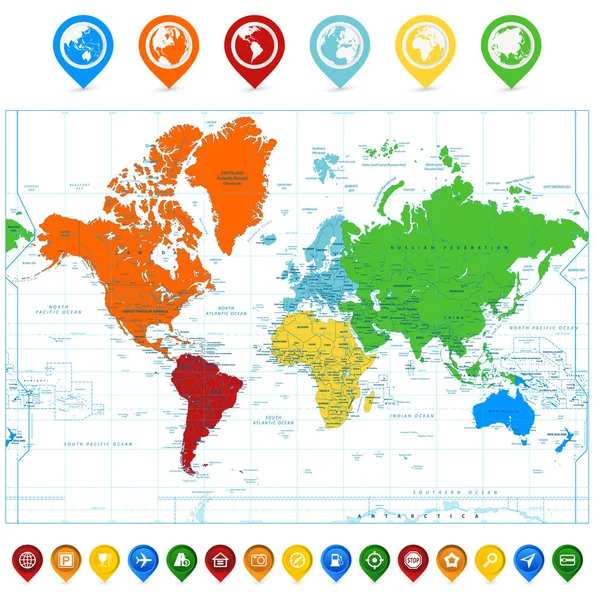 Vector detallado Mapa del mundo con continentes coloridos y punto de mapa — Vector de stock