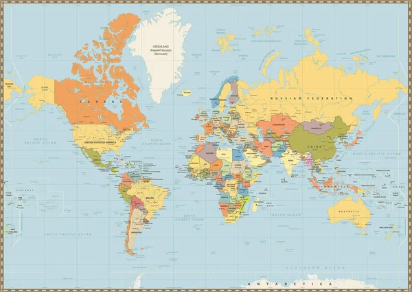 Mapa do Mundo Político isolado na cor azul vintage —  Vetores de Stock