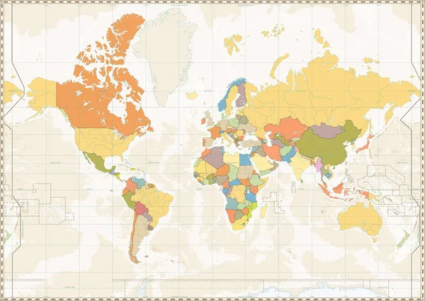 Branco Mapa do Mundo cor retro com lagos e rios —  Vetores de Stock