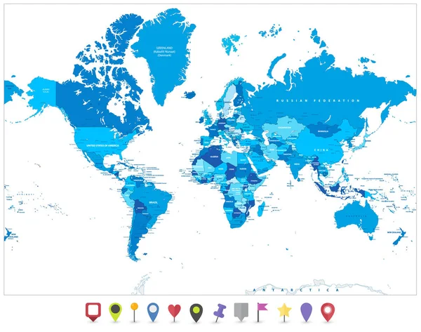 Mappa del mondo in colori di puntatori mappa blu e piatta — Vettoriale Stock