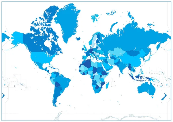 Colori blu Mappa del Mondo isolato su bianco. Nessun testo — Vettoriale Stock