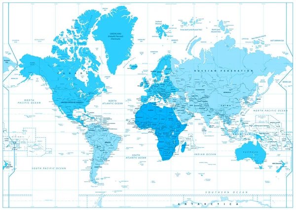 Mapa světa s kontinenty v barvách modré, izolované na bílém — Stockový vektor