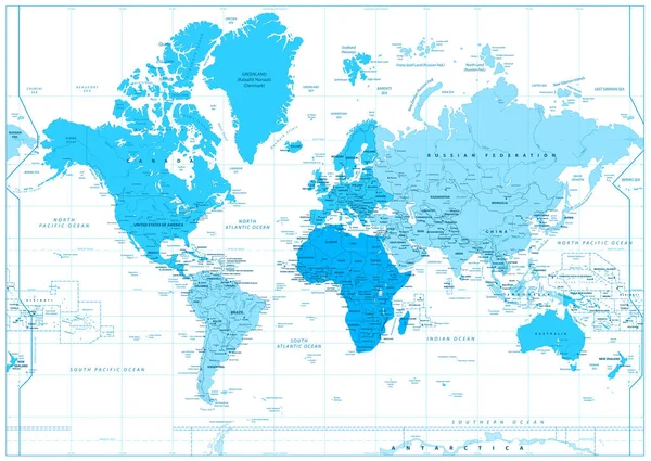 แผนที่โลกที่มีทวีปในสีฟ้าแยกจากสีขาว — ภาพเวกเตอร์สต็อก
