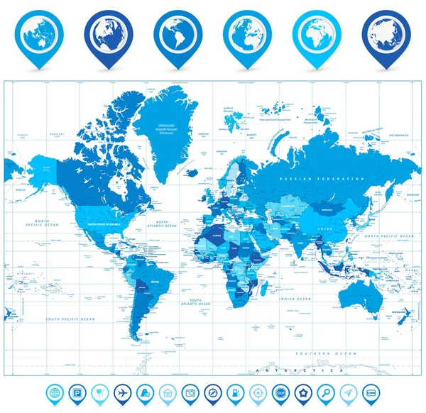 Παγκόσμιος Χάρτης στα χρώματα του μπλε και χάρτη δείκτες — Διανυσματικό Αρχείο