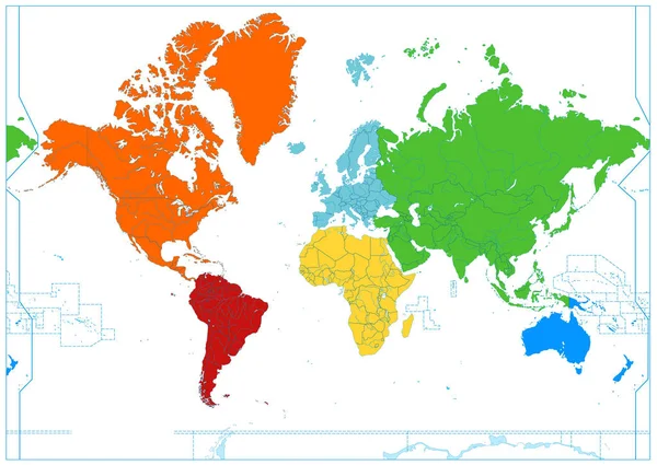 与多彩大洲的世界地图。没有文本 — 图库矢量图片