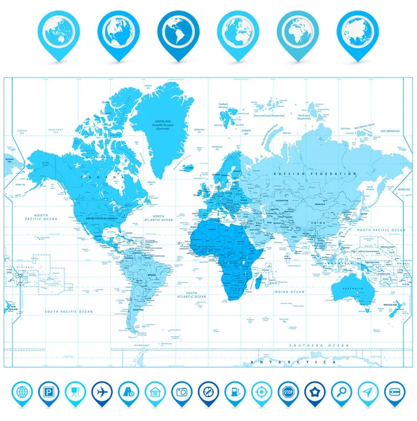 Mappa del Mondo con mappa puntatori e continenti nei colori del blu iso — Vettoriale Stock