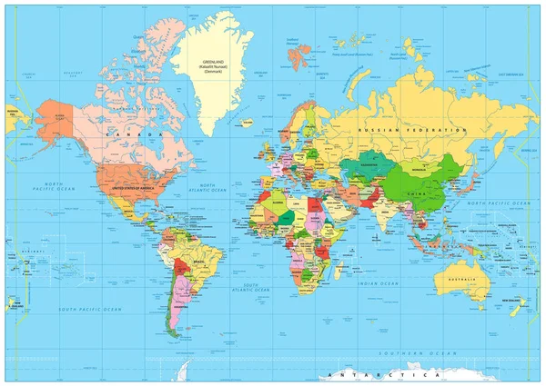 Mapa do mundo político altamente detalhado com rotulagem — Vetor de Stock