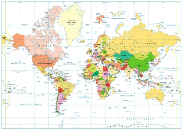 Carte du monde colorée isolée sur blanc avec étiquetage — Image vectorielle