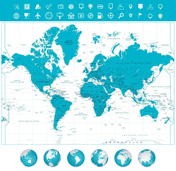 Mapa del mundo y globos con etiquetado — Vector de stock