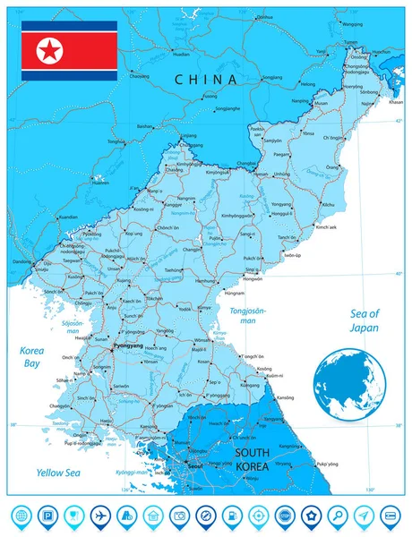 Mappa Corea del Nord icone di colore blu e pin — Vettoriale Stock