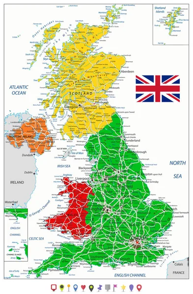 Regno Unito Mappa politica e mappa piatta puntatori — Vettoriale Stock