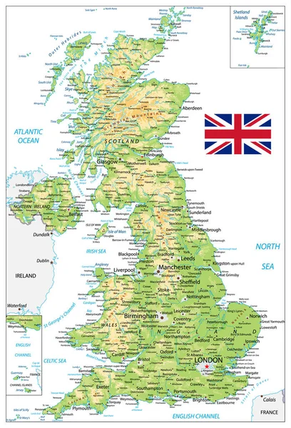Regno Unito Mappa fisica con nomi di città isolati su bianco — Vettoriale Stock