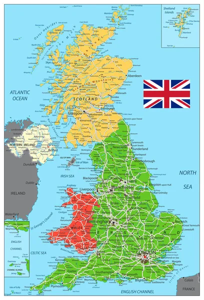 Regno Unito Mappa politica con le strade — Vettoriale Stock
