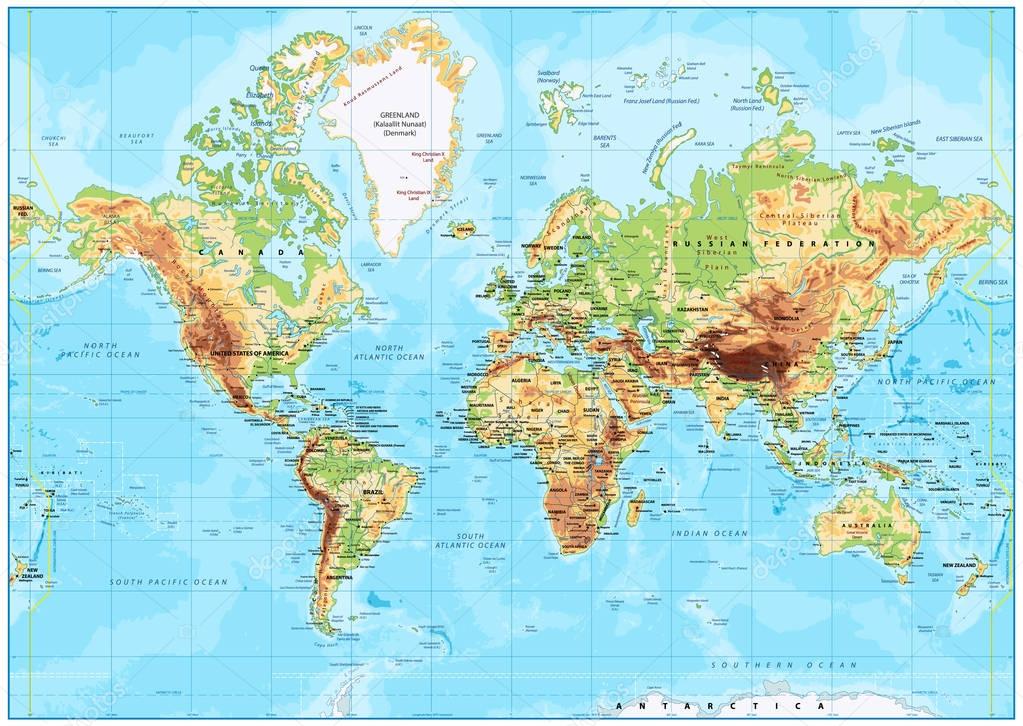Mapa físico detallado del mundo 2024