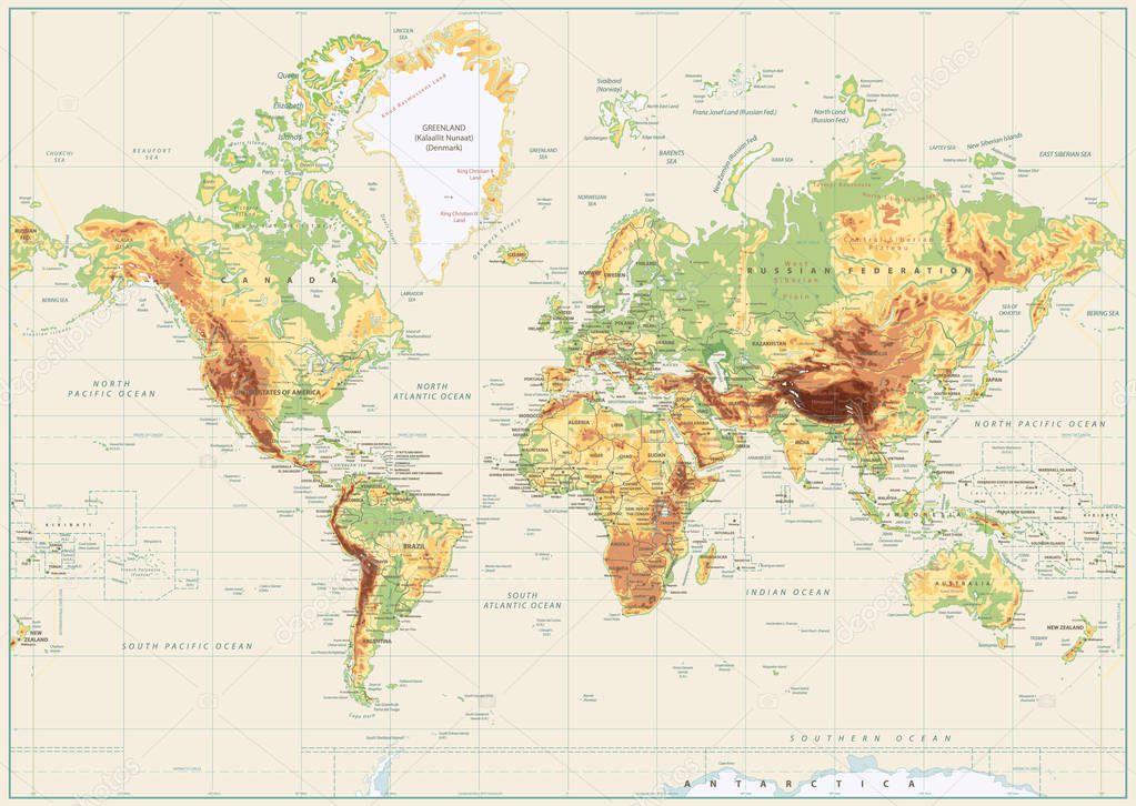 Detailed Physical World Map Isolated on Retro White Color