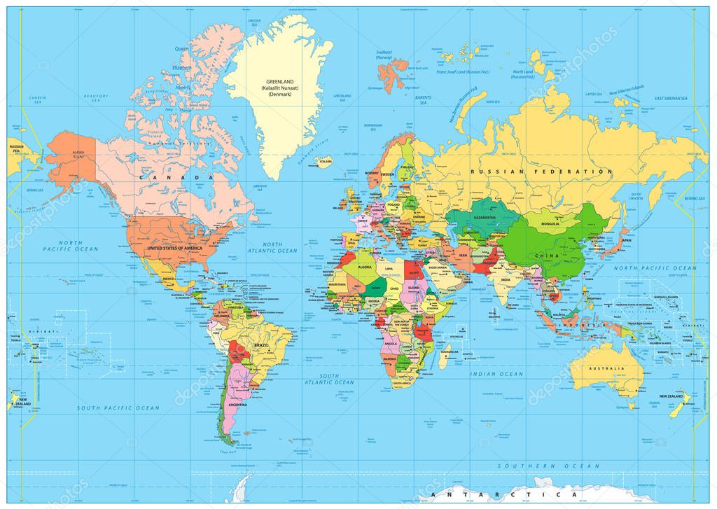 Highly detailed political World map with labeling