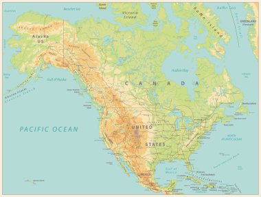 Kuzey Amerika fiziksel harita. Vintage renk