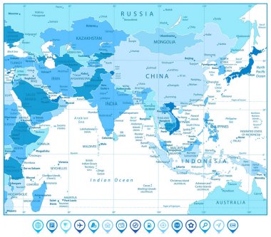 Güney Asya harita ve harita işaretleri mavi renklerde