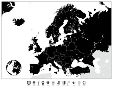 Europe siyah harita ve düz harita işaretleri