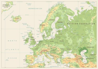 Avrupa fiziksel Haritası. Retro renkleri. Yok bathymetry