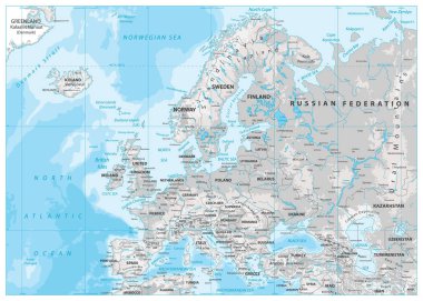 Avrupa fiziksel Haritası. Beyaz ve gri