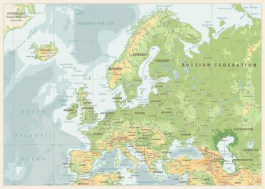 Avrupa fiziksel Haritası. Retro renkleri