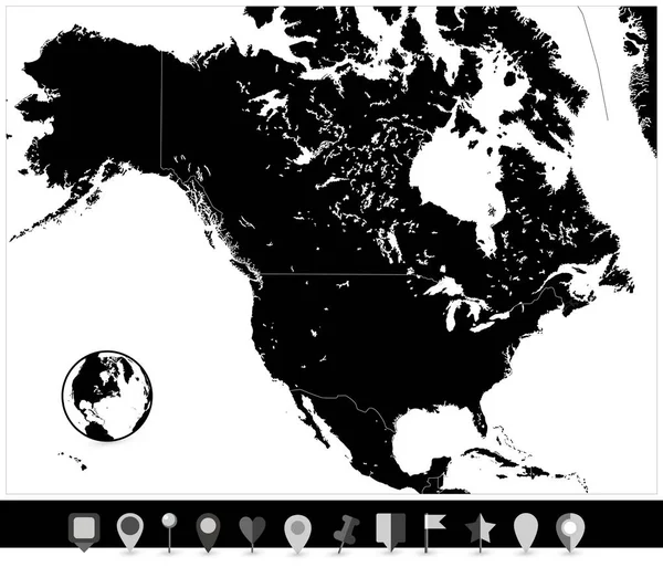 Noord-Amerika zwarte kaart en vlakke kaart Pointers — Stockvector