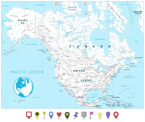 Mapa Ameryki Północnej i płaskiej mapie wskaźniki — Wektor stockowy