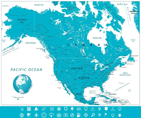 Amérique du Nord Carte et icônes de navigation — Image vectorielle