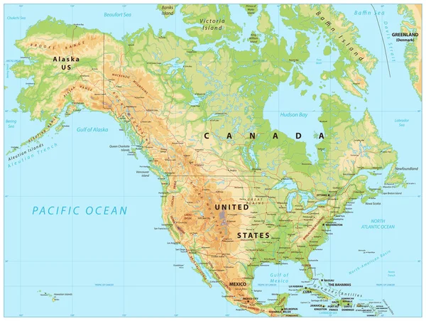 América do Norte mapa físico — Vetor de Stock