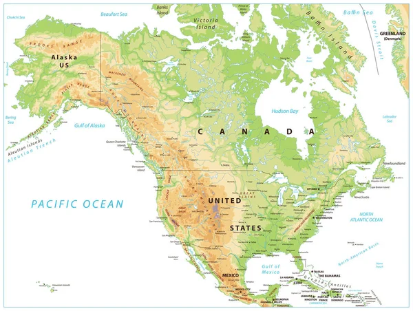 Mappa fisica del Nord America Isolata su White — Vettoriale Stock