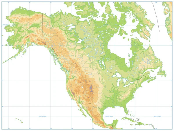 Carte physique de l'Amérique du Nord Isolé sur Blanc. Pas de texte — Image vectorielle