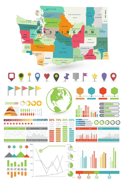 Washington mappa e infografica elementi di design — Vettoriale Stock