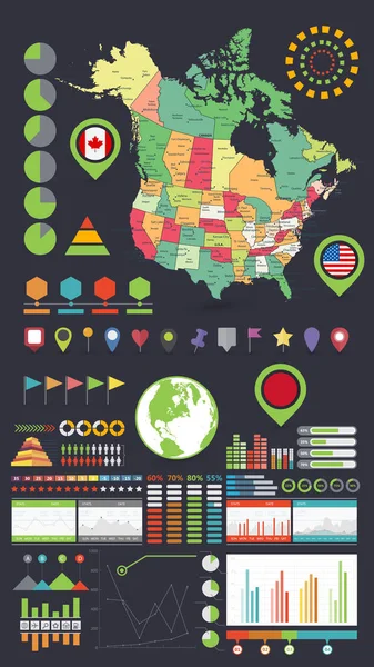 Элементы карты и инфографики США и Канады — стоковый вектор