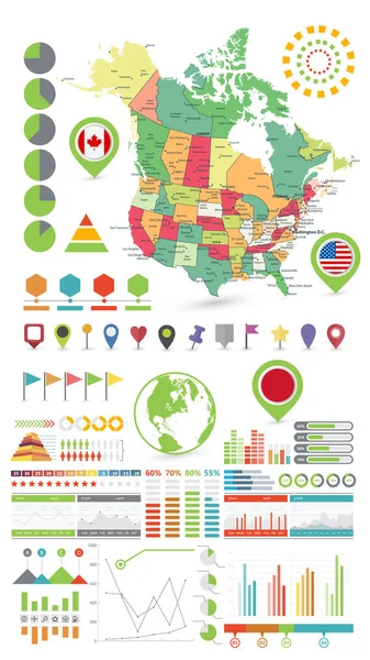 Элементы карты США и Канады и Инфографический дизайн. На белом — стоковый вектор