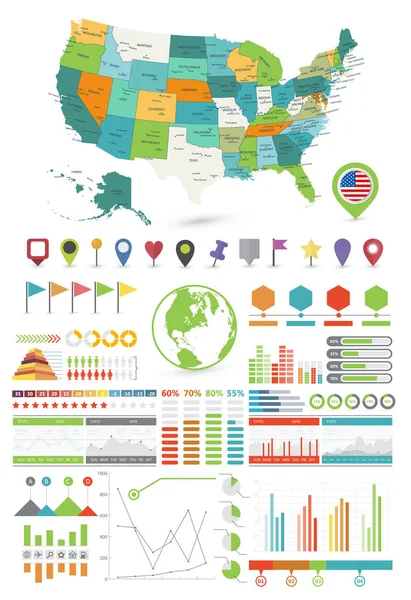 Mappa degli Stati Uniti ed elementi di design infografici. Su bianco — Vettoriale Stock