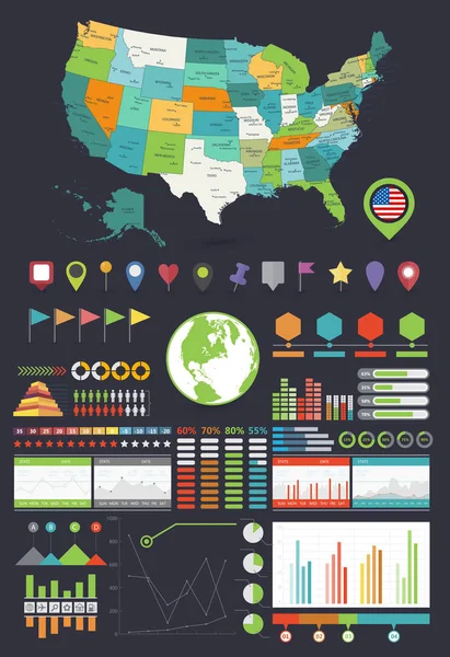 Mappa degli Stati Uniti ed elementi di design infografici — Vettoriale Stock