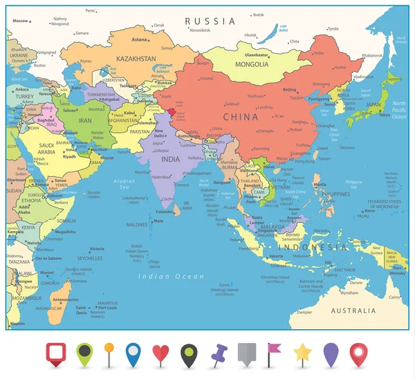 Mapa Azji Południowej i płaskiej mapie znaczniki — Wektor stockowy