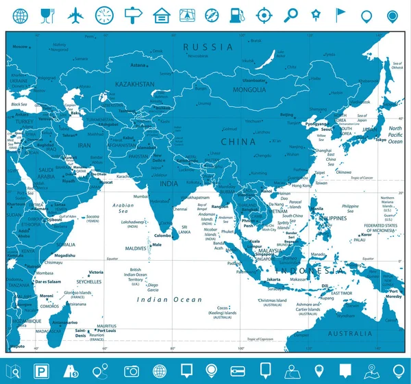 Южная Азия Карта и навигационные иконки — стоковый вектор
