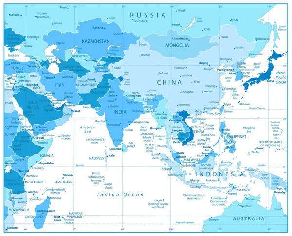 Mapa del sur de Asia en colores azules — Archivo Imágenes Vectoriales