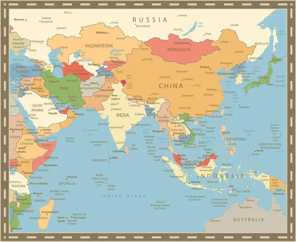 Карта Южной Азии Винтажный цвет — стоковый вектор
