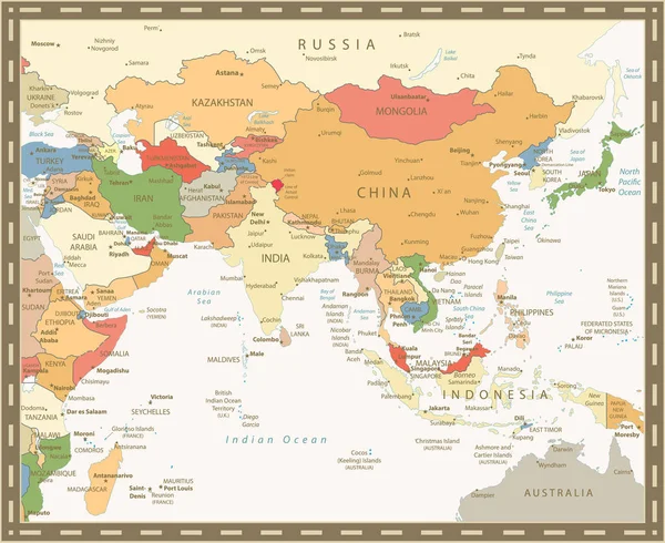 Mapa del sur de Asia Color retro — Vector de stock