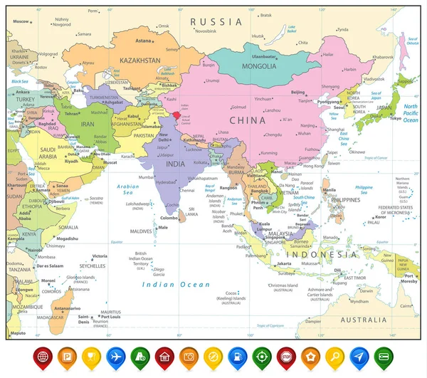Güney Asya siyasi harita ve harita işaretçiler beyaz izole — Stok Vektör
