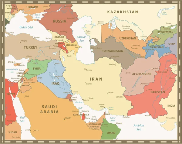 Південно-Західна Азія карту ретро кольору — стоковий вектор