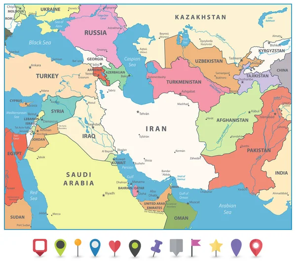 Маркеры карт Юго-Западной Азии и плоской карты — стоковый вектор