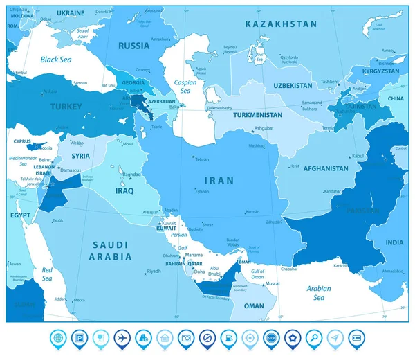 Jihozápadní Asie mapa a mapa značky v barvách modrá — Stockový vektor