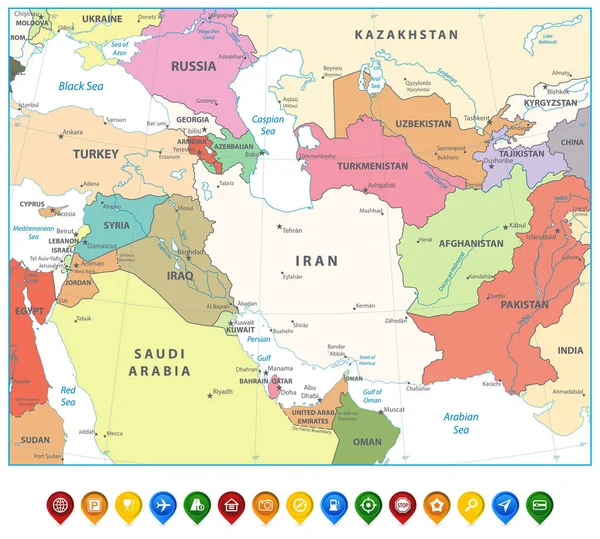 Jihozápadní Asie mapa a mapa značky izolované na bílém — Stockový vektor