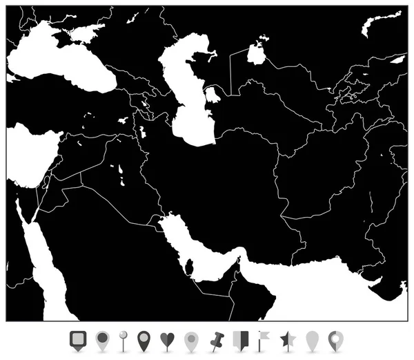 Zuidwest-Azië kaart zwarte kleur en vlakke kaart Markers. Geen tekst — Stockvector