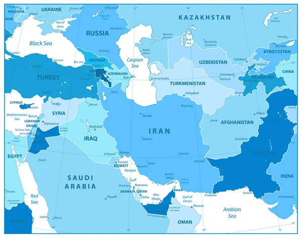 Південно-Західна Азія карту в кольори блакитний — стоковий вектор