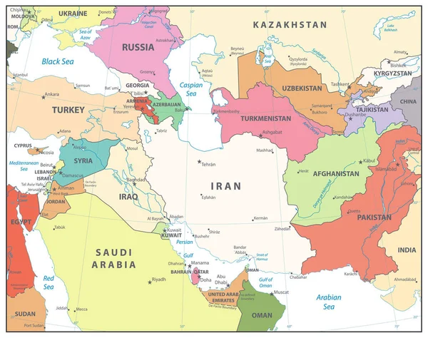 Southwest Asia Map. Aislado sobre blanco — Vector de stock